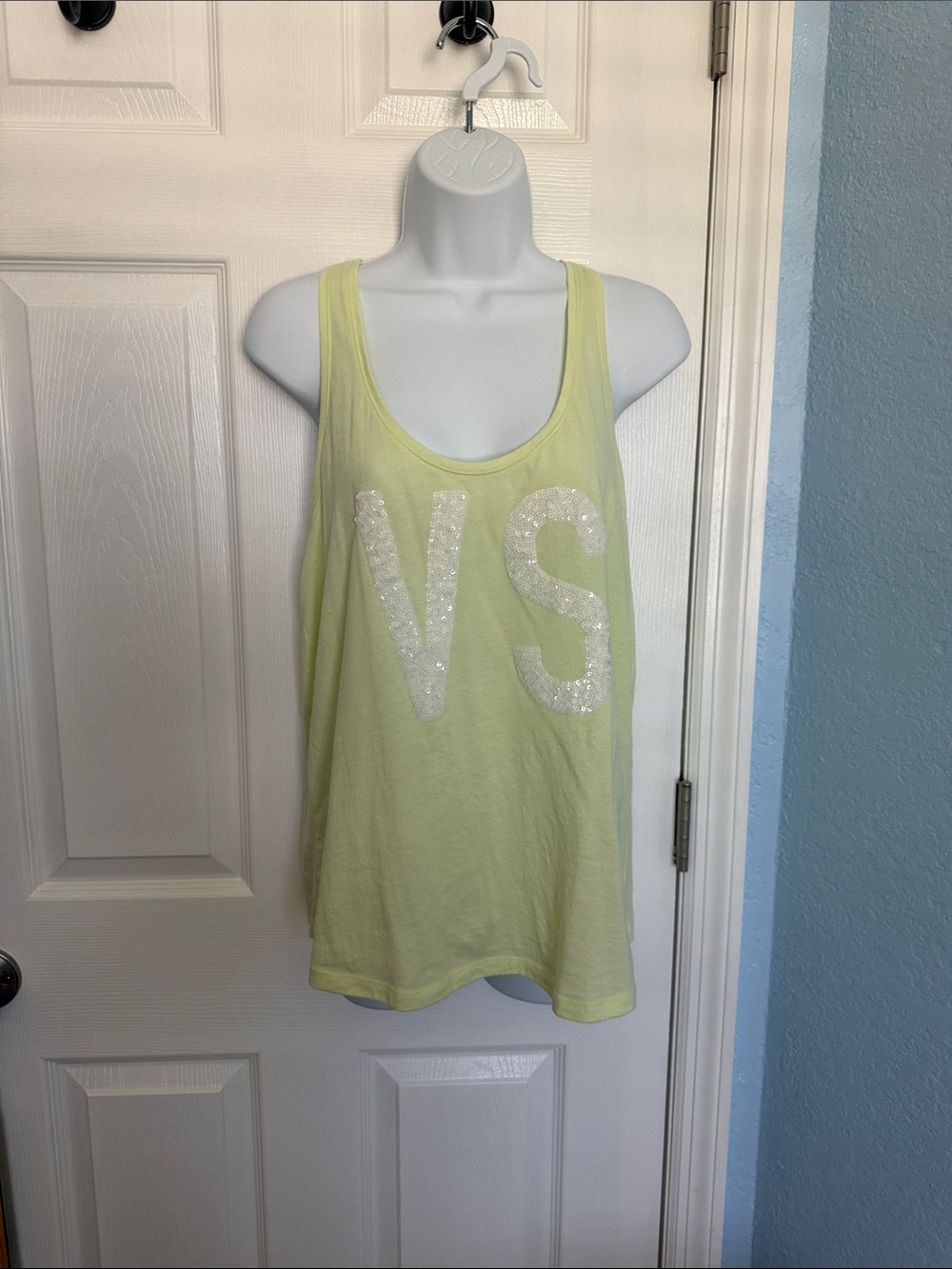 Victoria's Secret Lime Green Scoop Tank with Sparkle sequence VS Logo